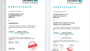 Certificato per zwickiLine con compatibilità camera bianca in conformità alle normative: DIN EN ISO 14644 1:2016-06; DIN EN ISO 14644-14 eVDI 2083 Pag 9.1